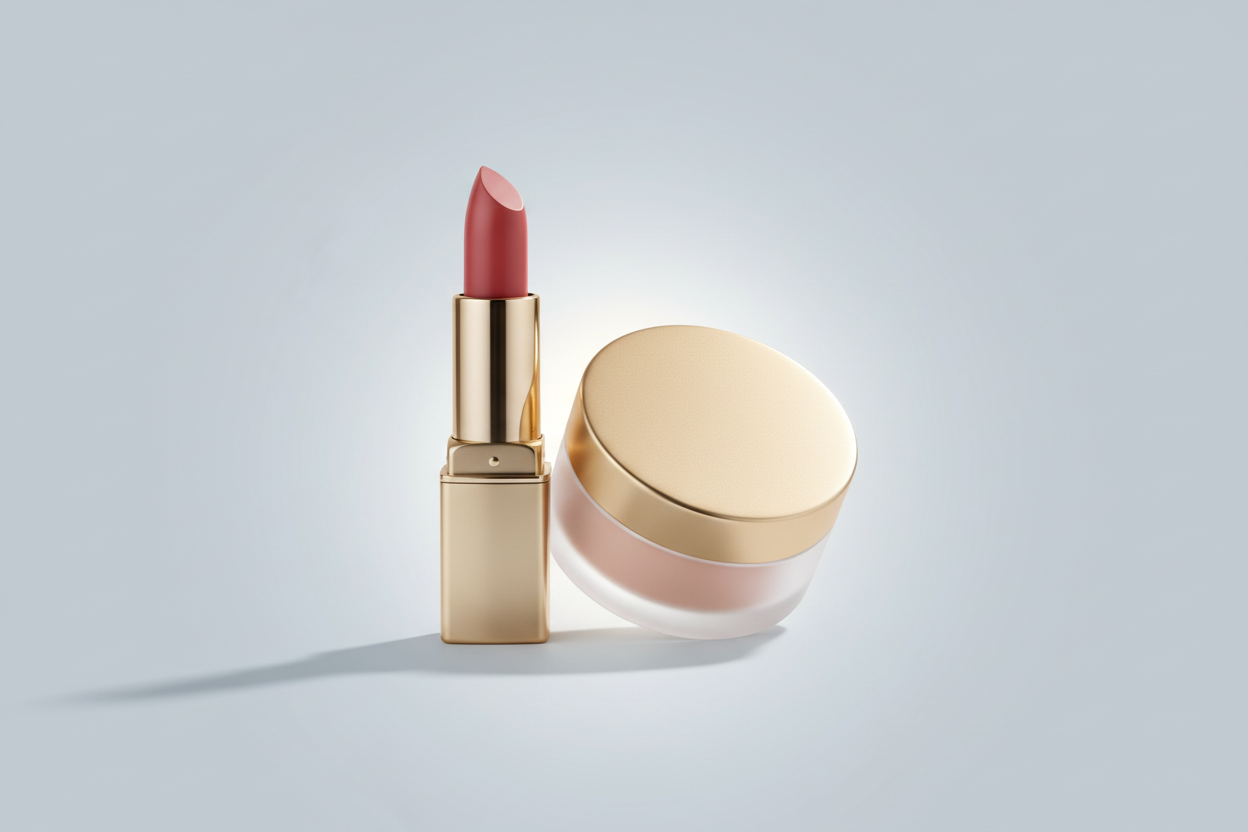 quiero dos productos de maquillaje sin logotipo y sin nombre, con el con el fondo minimalista y elegante con el color #F0F2F6 