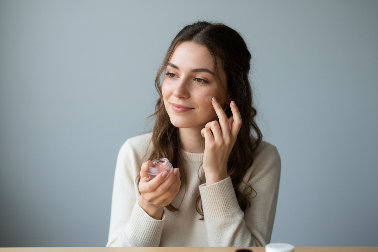 quiero que una modelo este probando maquillaje, la modelo debe ser lo mas natural posible sin notar exagerada, el fondo lo quiero de color # F0F2F6