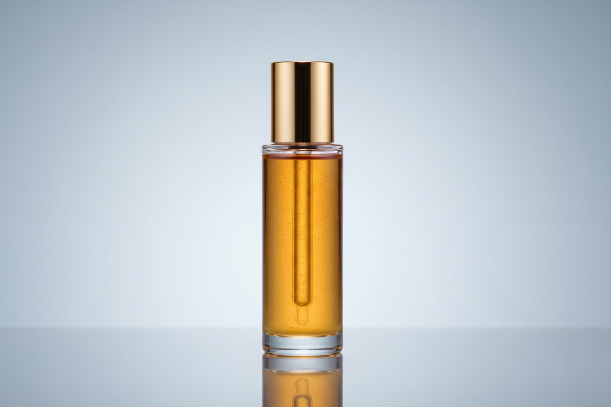 quiero un producto que sea aceite facial, sin logotipo y sin nombre, el fondo lo quiero minimalista y elegante con el color # F0F2F6 