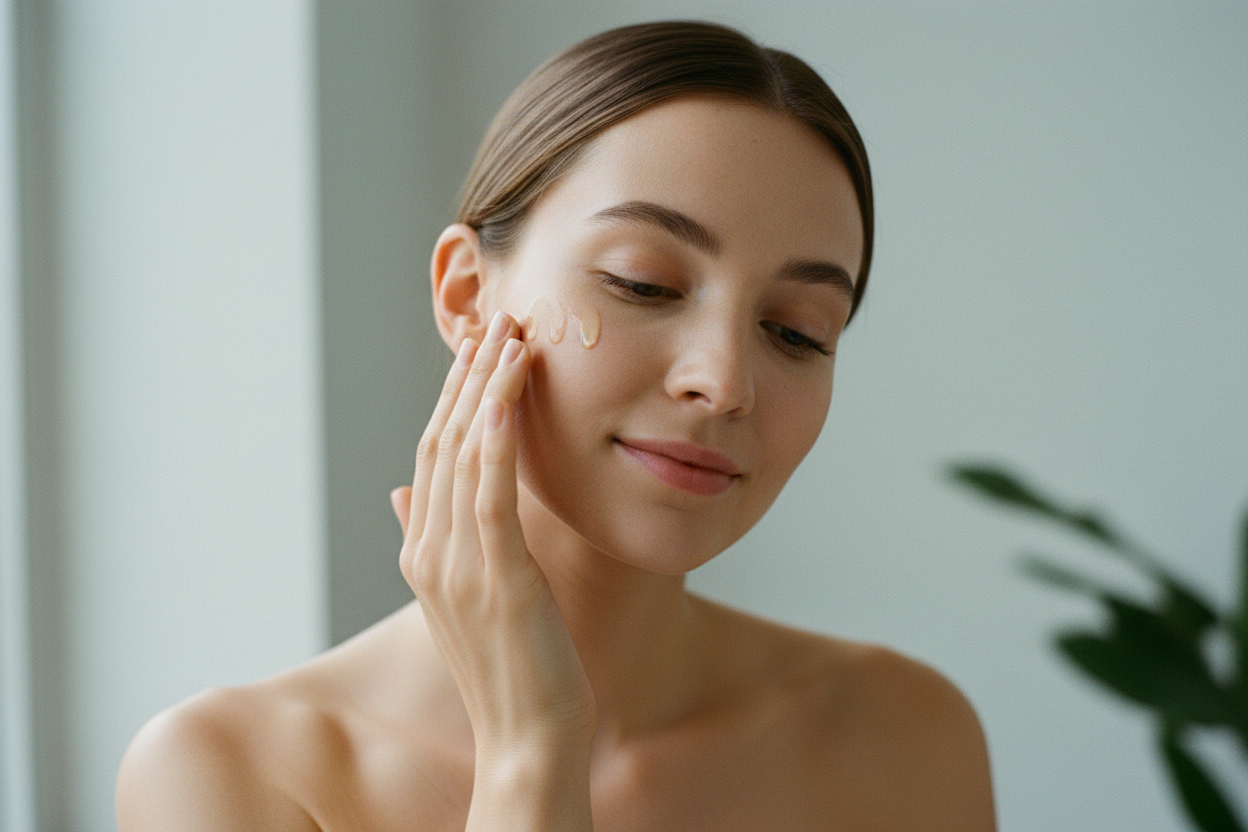 quiero una modelo que este probando un aceite facial, la modelo debe ser lo mas natural posible sin llegar a ser exagerado, el fondo lo quiero de color # F0F2F6